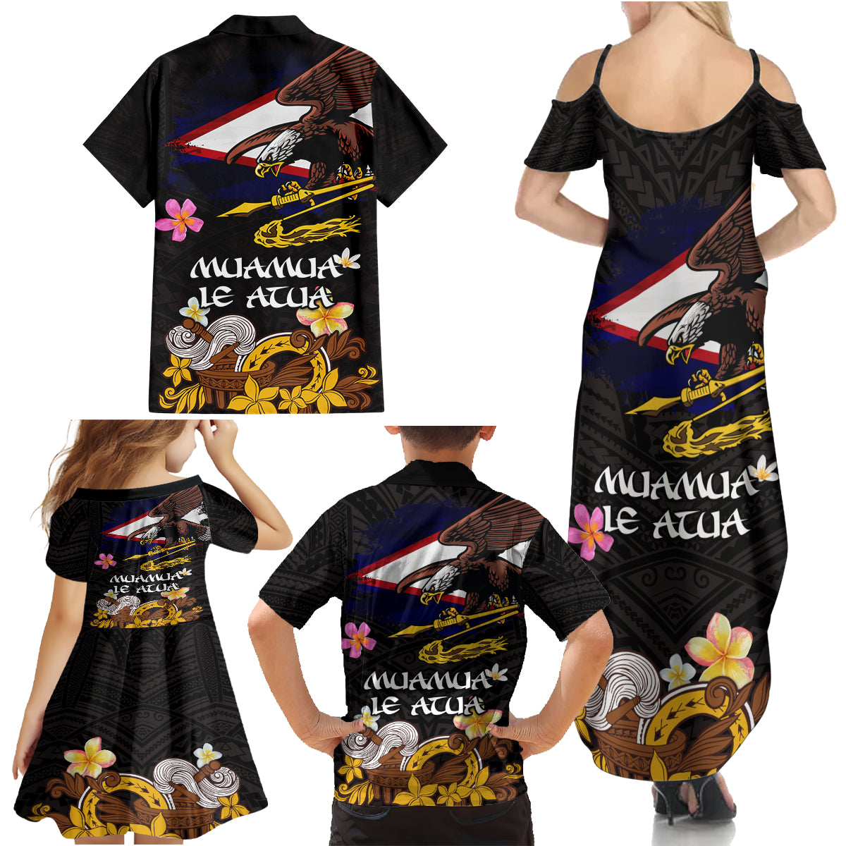American Samoa Fue and Kava Bowl Family Matching Summer Maxi Dress and Hawaiian Shirt Plumeria and Polynesian Pattern LT03 - Polynesian Pride