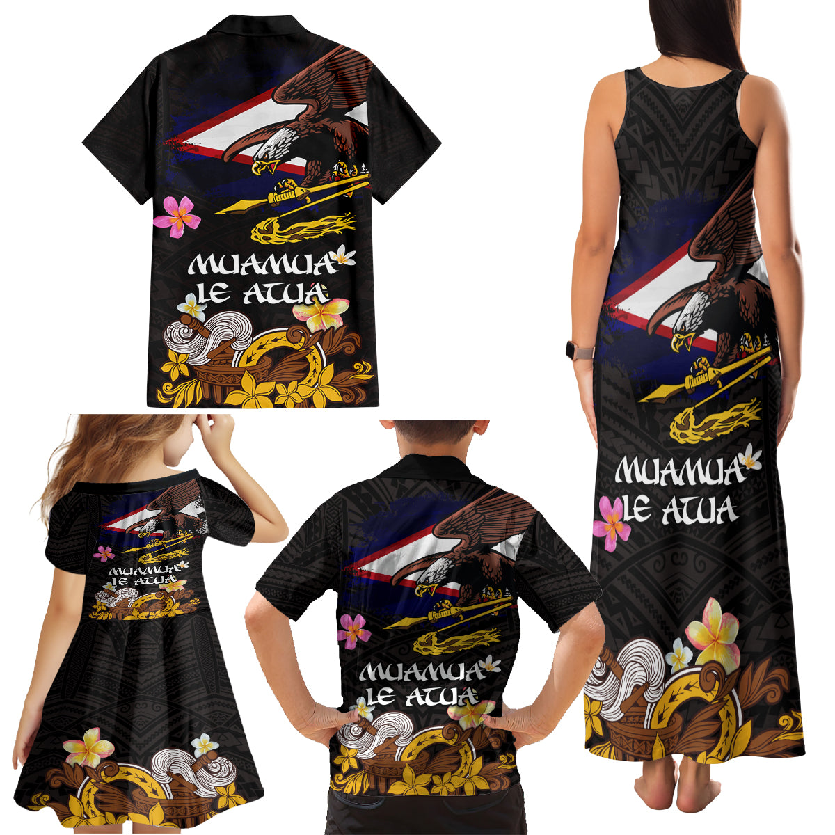 American Samoa Fue and Kava Bowl Family Matching Tank Maxi Dress and Hawaiian Shirt Plumeria and Polynesian Pattern LT03 - Polynesian Pride