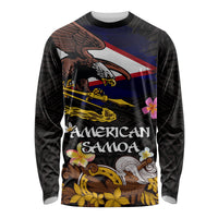 American Samoa Fue and Kava Bowl Long Sleeve Shirt Plumeria and Polynesian Pattern LT03 Unisex Black - Polynesian Pride