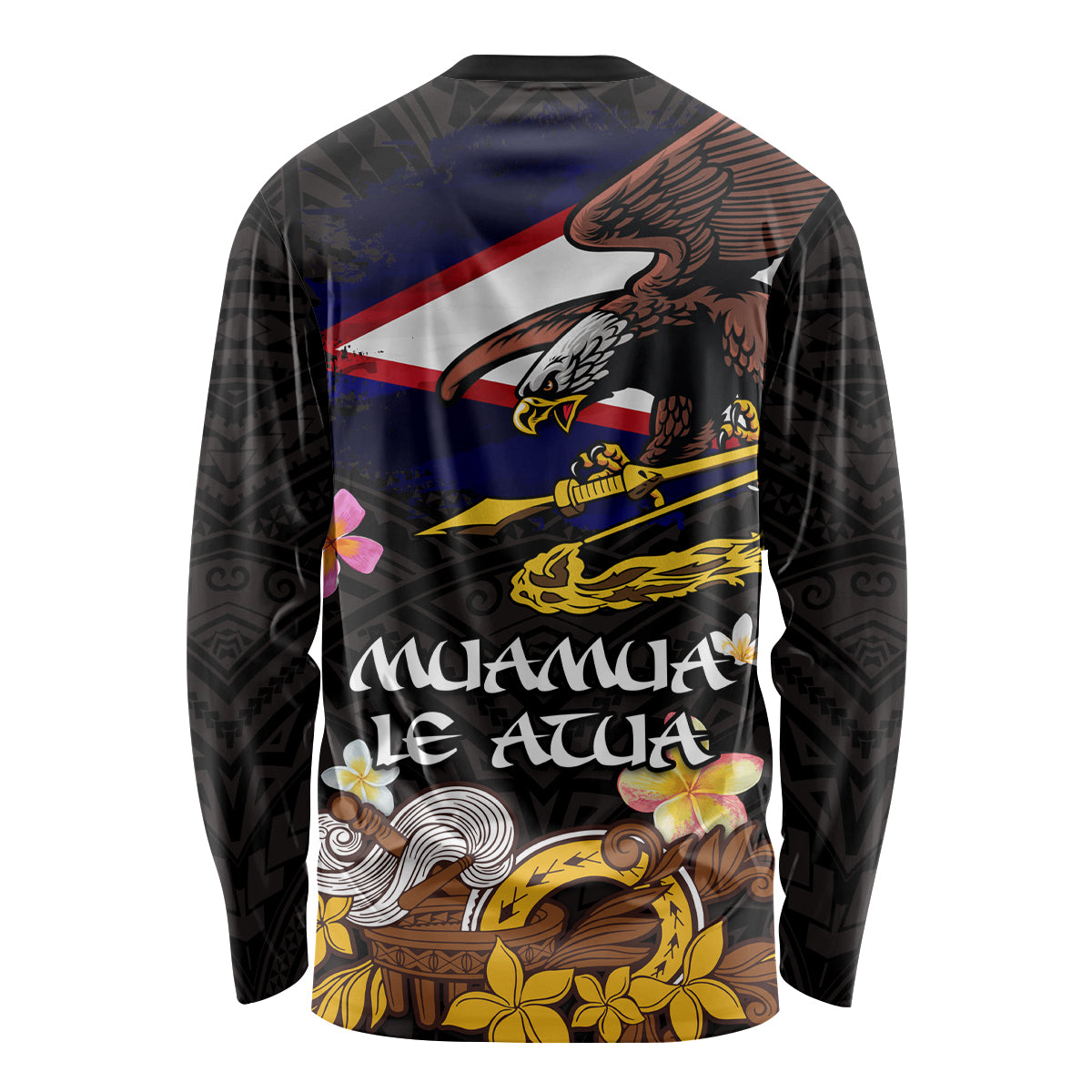 American Samoa Fue and Kava Bowl Long Sleeve Shirt Plumeria and Polynesian Pattern LT03 - Polynesian Pride