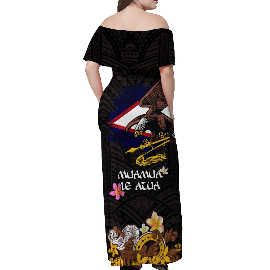 American Samoa Fue and Kava Bowl Off Shoulder Maxi Dress Plumeria and Polynesian Pattern