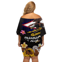 American Samoa Fue and Kava Bowl Off Shoulder Short Dress Plumeria and Polynesian Pattern