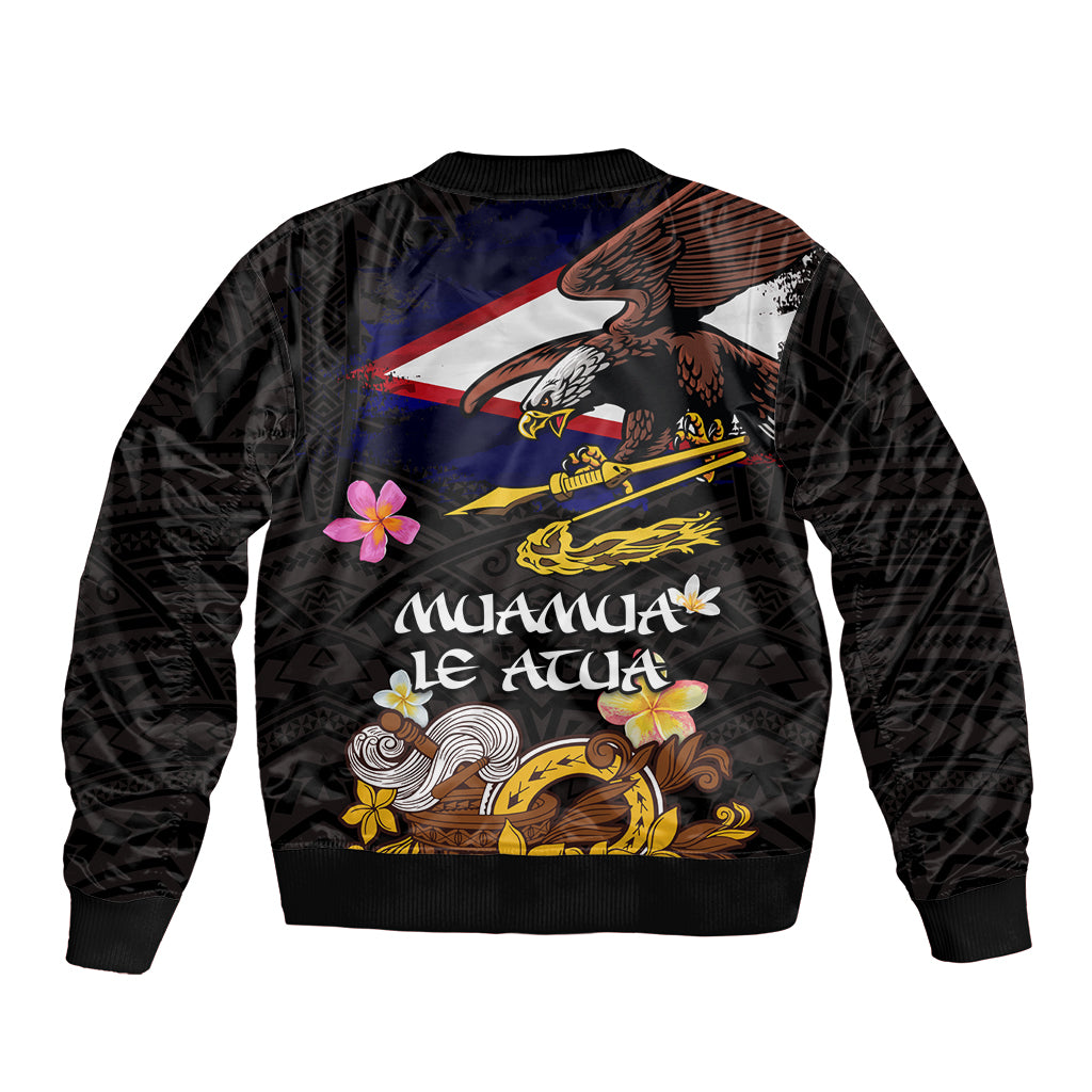 American Samoa Fue and Kava Bowl Sleeve Zip Bomber Jacket Plumeria and Polynesian Pattern