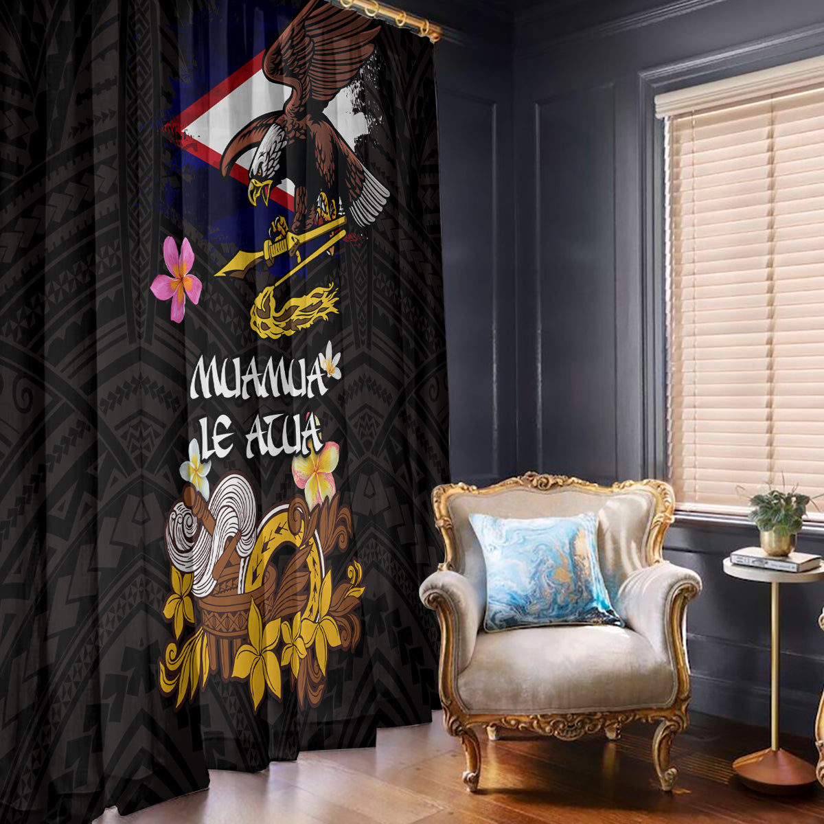 American Samoa Fue and Kava Bowl Window Curtain Plumeria and Polynesian Pattern LT03 - Polynesian Pride