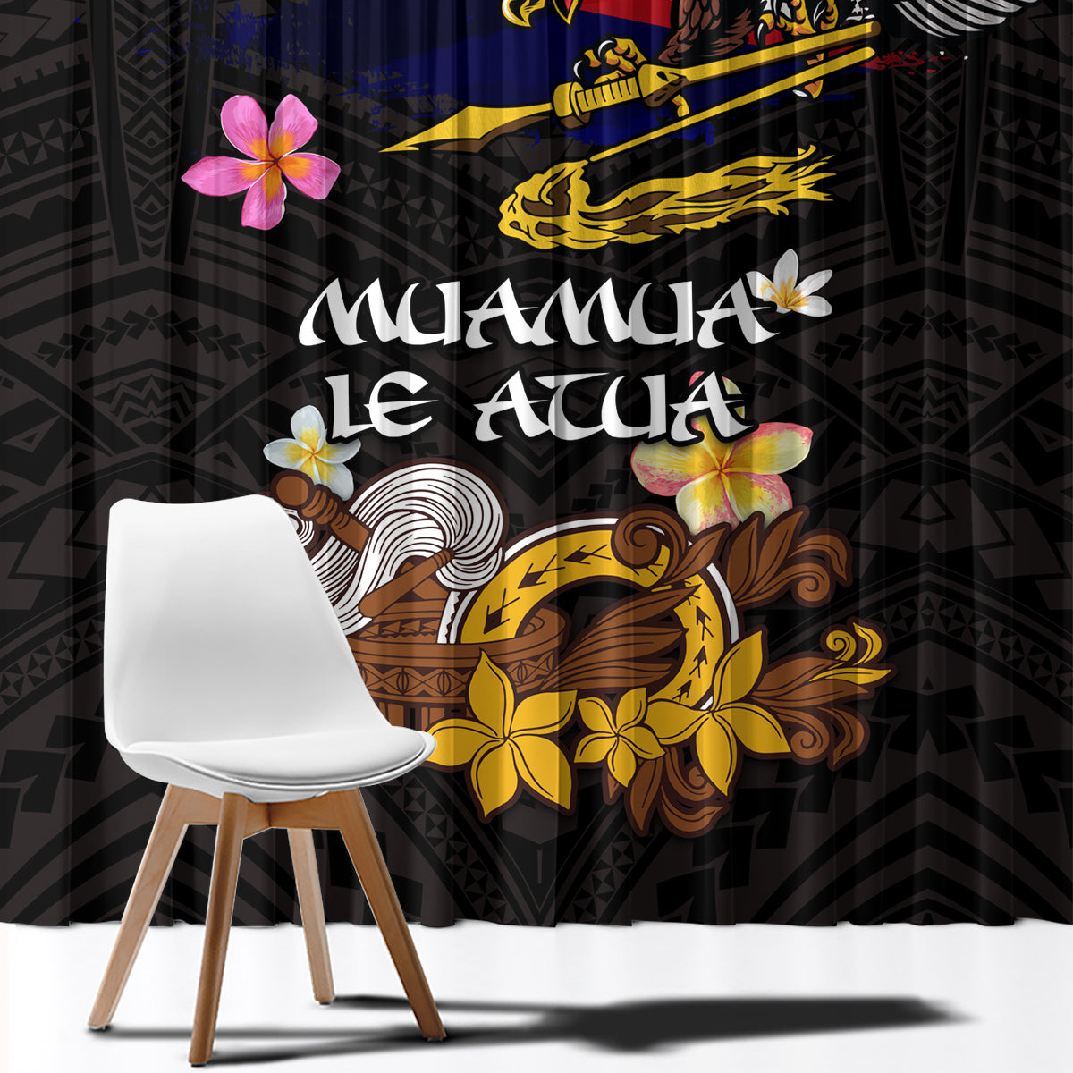 American Samoa Fue and Kava Bowl Window Curtain Plumeria and Polynesian Pattern LT03 - Polynesian Pride