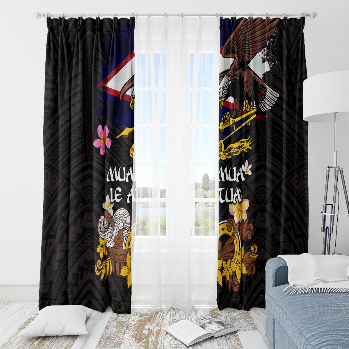 American Samoa Fue and Kava Bowl Window Curtain Plumeria and Polynesian Pattern LT03 - Polynesian Pride
