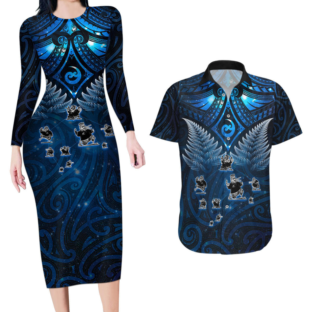 New Zealand Matariki Couples Matching Long Sleeve Bodycon Dress and Hawaiian Shirt Maori Pattern and Kiwi Bird Haka Dance Sky Night LT03 Blue - Polynesian Pride