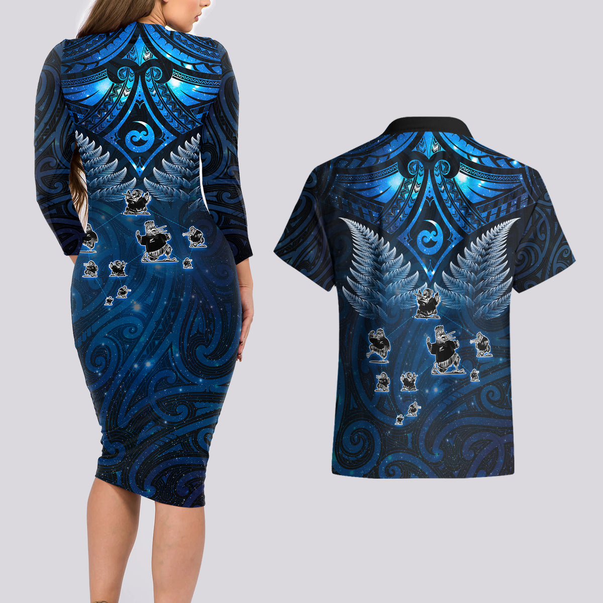 New Zealand Matariki Couples Matching Long Sleeve Bodycon Dress and Hawaiian Shirt Maori Pattern and Kiwi Bird Haka Dance Sky Night LT03 - Polynesian Pride
