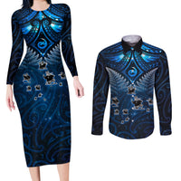 New Zealand Matariki Couples Matching Long Sleeve Bodycon Dress and Long Sleeve Button Shirt Maori Pattern and Kiwi Bird Haka Dance Sky Night LT03 Blue - Polynesian Pride
