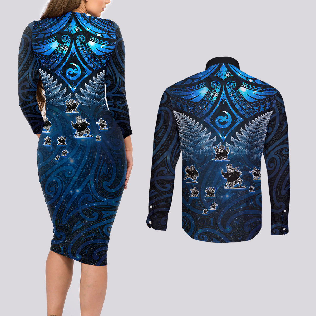 New Zealand Matariki Couples Matching Long Sleeve Bodycon Dress and Long Sleeve Button Shirt Maori Pattern and Kiwi Bird Haka Dance Sky Night LT03 - Polynesian Pride