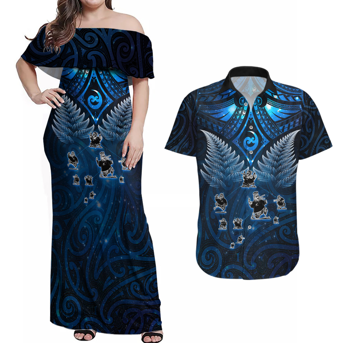 New Zealand Matariki Couples Matching Off Shoulder Maxi Dress and Hawaiian Shirt Maori Pattern and Kiwi Bird Haka Dance Sky Night LT03 Blue - Polynesian Pride