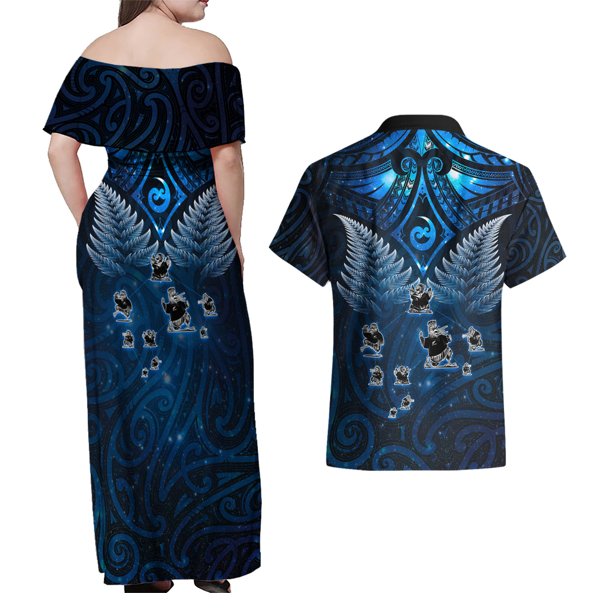 New Zealand Matariki Couples Matching Off Shoulder Maxi Dress and Hawaiian Shirt Maori Pattern and Kiwi Bird Haka Dance Sky Night LT03 - Polynesian Pride