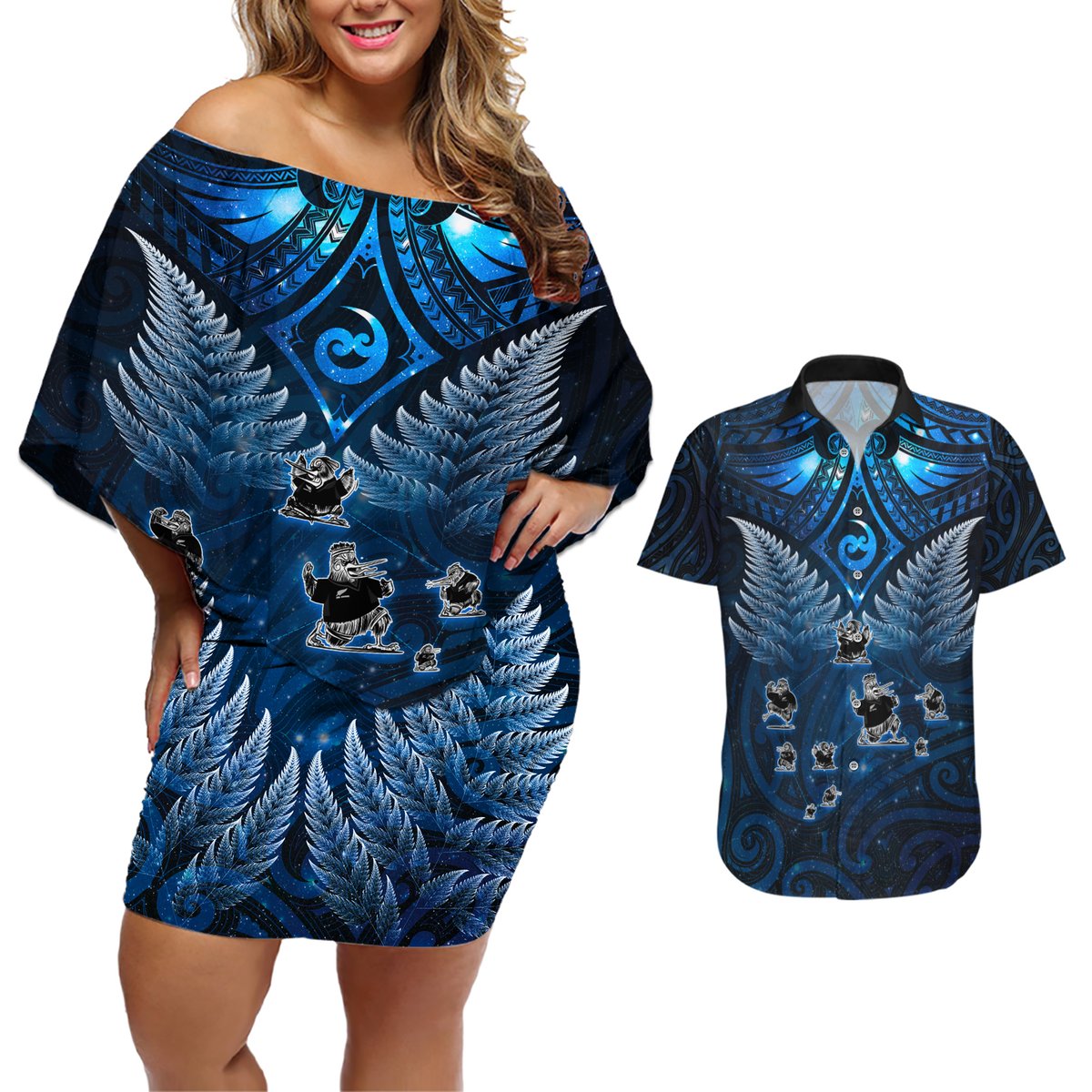 New Zealand Matariki Couples Matching Off Shoulder Short Dress and Hawaiian Shirt Maori Pattern and Kiwi Bird Haka Dance Sky Night LT03 Blue - Polynesian Pride