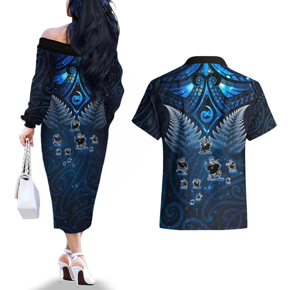 New Zealand Matariki Couples Matching Off The Shoulder Long Sleeve Dress and Hawaiian Shirt Maori Pattern and Kiwi Bird Haka Dance Sky Night LT03 - Polynesian Pride