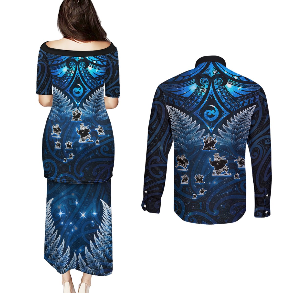 New Zealand Matariki Couples Matching Puletasi and Long Sleeve Button Shirt Maori Pattern and Kiwi Bird Haka Dance Sky Night