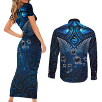 New Zealand Matariki Couples Matching Short Sleeve Bodycon Dress and Long Sleeve Button Shirt Maori Pattern and Kiwi Bird Haka Dance Sky Night LT03 - Polynesian Pride