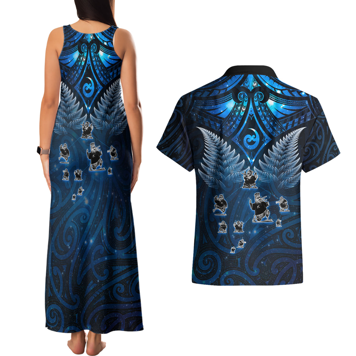 New Zealand Matariki Couples Matching Tank Maxi Dress and Hawaiian Shirt Maori Pattern and Kiwi Bird Haka Dance Sky Night LT03 - Polynesian Pride