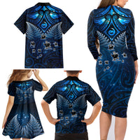 New Zealand Matariki Family Matching Long Sleeve Bodycon Dress and Hawaiian Shirt Maori Pattern and Kiwi Bird Haka Dance Sky Night LT03 - Polynesian Pride