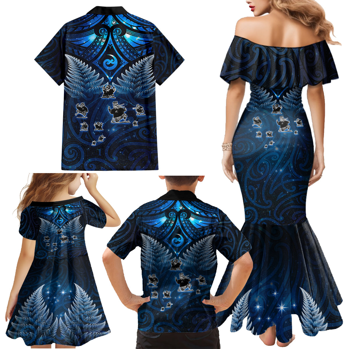 New Zealand Matariki Family Matching Mermaid Dress and Hawaiian Shirt Maori Pattern and Kiwi Bird Haka Dance Sky Night LT03 - Polynesian Pride