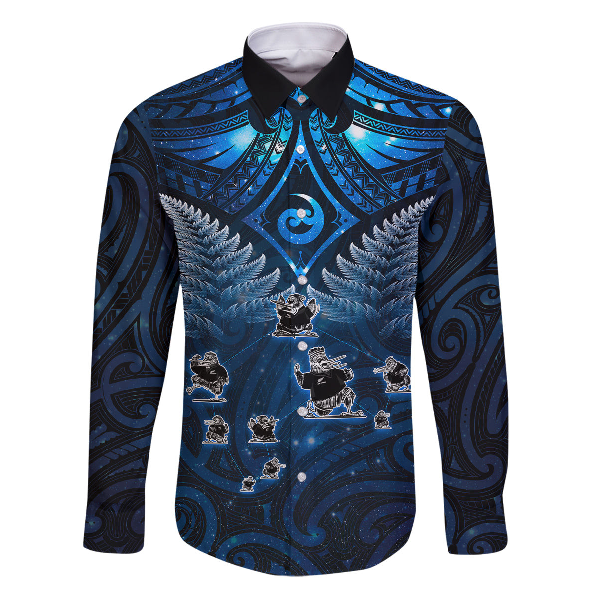 New Zealand Matariki Family Matching Mermaid Dress and Hawaiian Shirt Maori Pattern and Kiwi Bird Haka Dance Sky Night LT03 Dad's Shirt - Long Sleeve Blue - Polynesian Pride