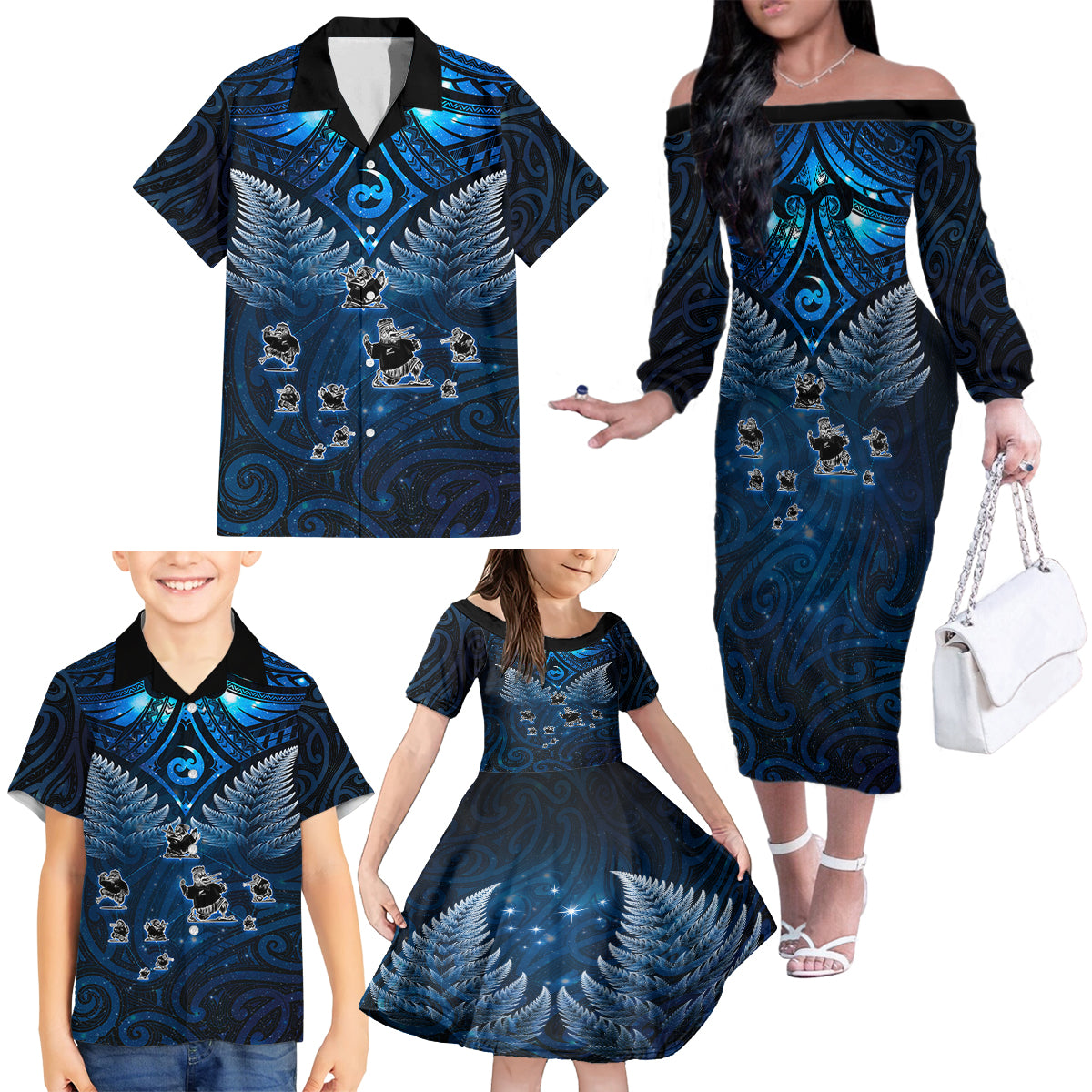 New Zealand Matariki Family Matching Off The Shoulder Long Sleeve Dress and Hawaiian Shirt Maori Pattern and Kiwi Bird Haka Dance Sky Night LT03 - Polynesian Pride