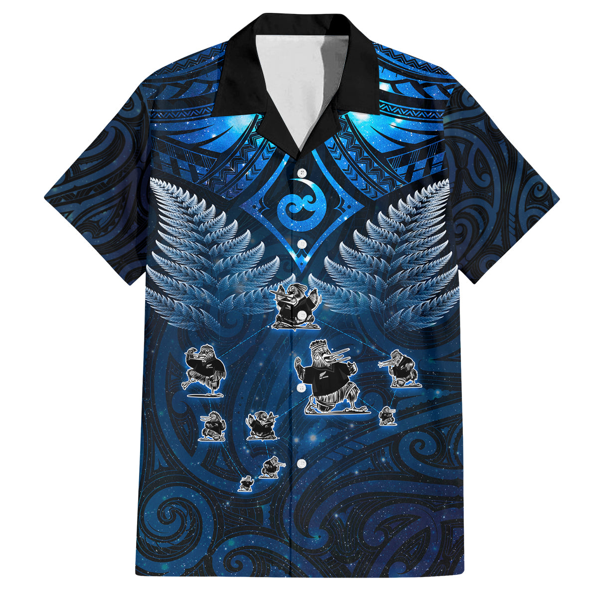 New Zealand Matariki Family Matching Off Shoulder Maxi Dress and Hawaiian Shirt Maori Pattern and Kiwi Bird Haka Dance Sky Night LT03 Dad's Shirt - Short Sleeve Blue - Polynesian Pride