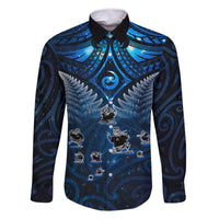 New Zealand Matariki Family Matching Off Shoulder Maxi Dress and Hawaiian Shirt Maori Pattern and Kiwi Bird Haka Dance Sky Night LT03 Dad's Shirt - Long Sleeve Blue - Polynesian Pride