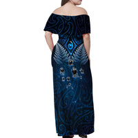 New Zealand Matariki Family Matching Off Shoulder Maxi Dress and Hawaiian Shirt Maori Pattern and Kiwi Bird Haka Dance Sky Night LT03 - Polynesian Pride