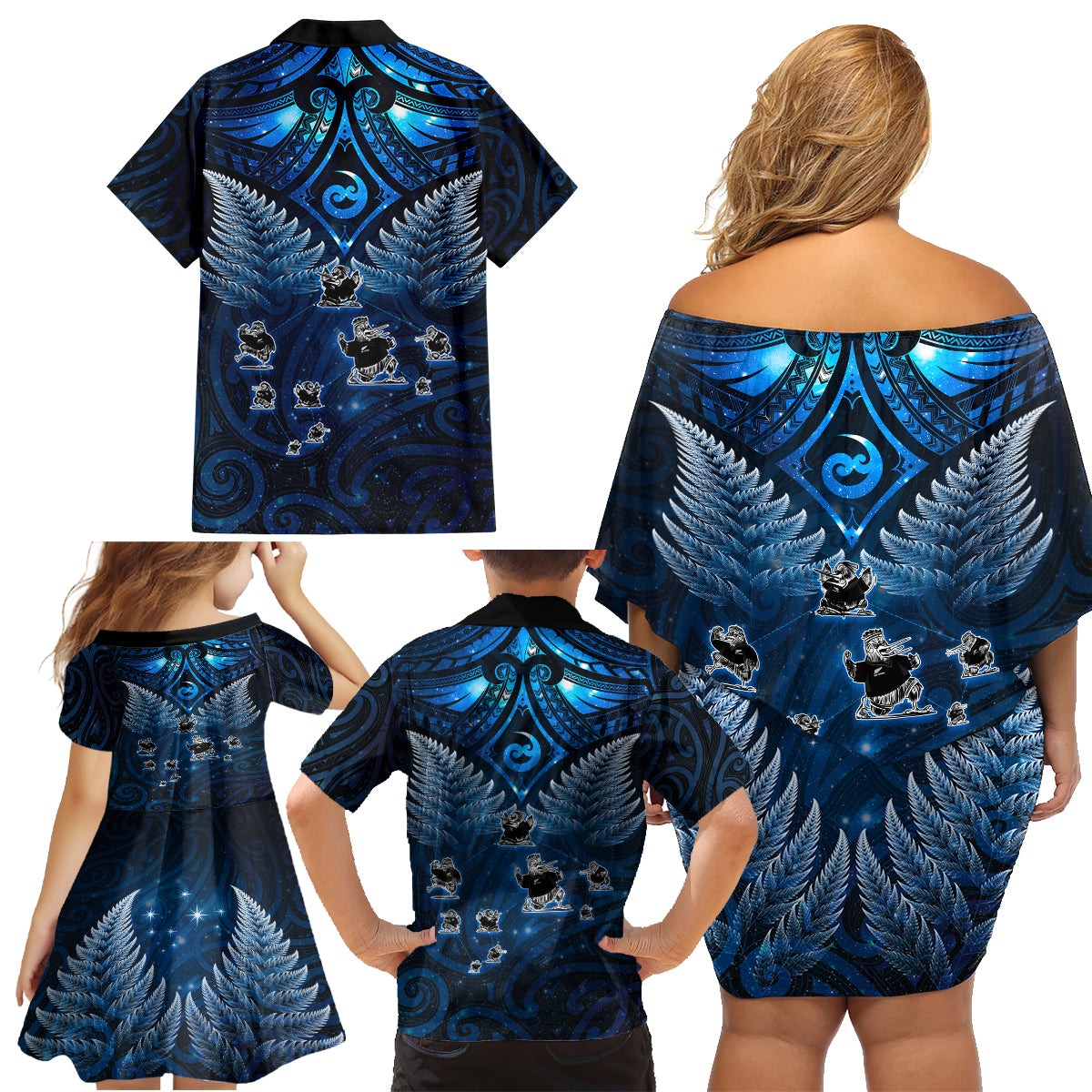 New Zealand Matariki Family Matching Off Shoulder Short Dress and Hawaiian Shirt Maori Pattern and Kiwi Bird Haka Dance Sky Night LT03 - Polynesian Pride