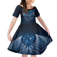 New Zealand Matariki Family Matching Puletasi and Hawaiian Shirt Maori Pattern and Kiwi Bird Haka Dance Sky Night LT03 Daughter's Dress Blue - Polynesian Pride