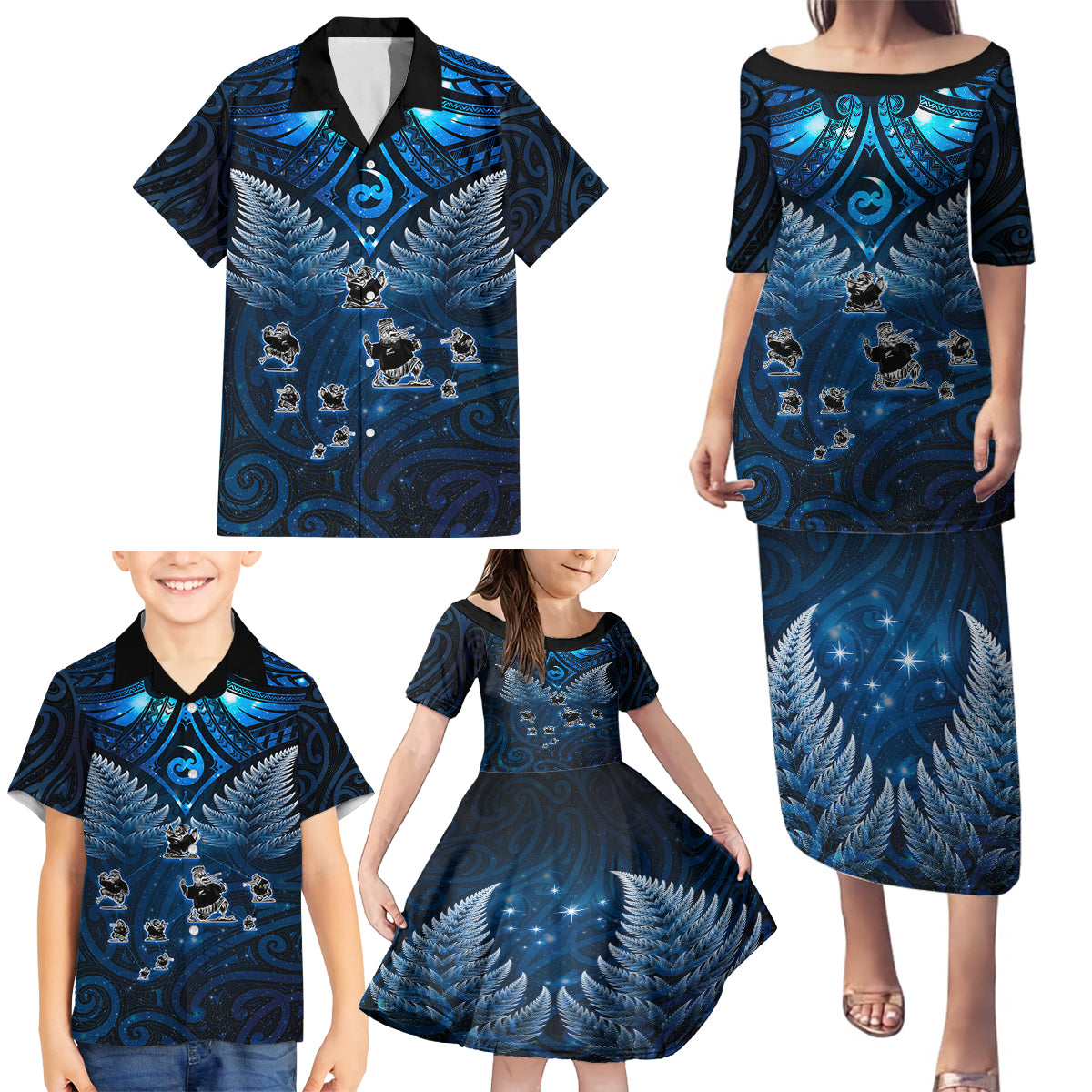 New Zealand Matariki Family Matching Puletasi and Hawaiian Shirt Maori Pattern and Kiwi Bird Haka Dance Sky Night LT03 - Polynesian Pride