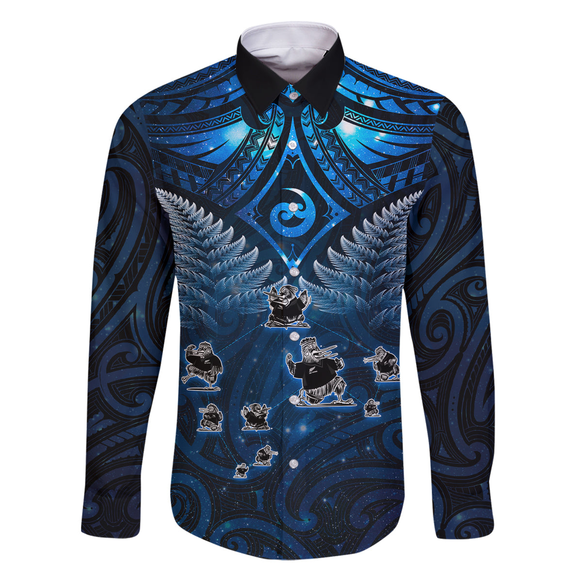 New Zealand Matariki Family Matching Puletasi and Hawaiian Shirt Maori Pattern and Kiwi Bird Haka Dance Sky Night LT03 Dad's Shirt - Long Sleeve Blue - Polynesian Pride