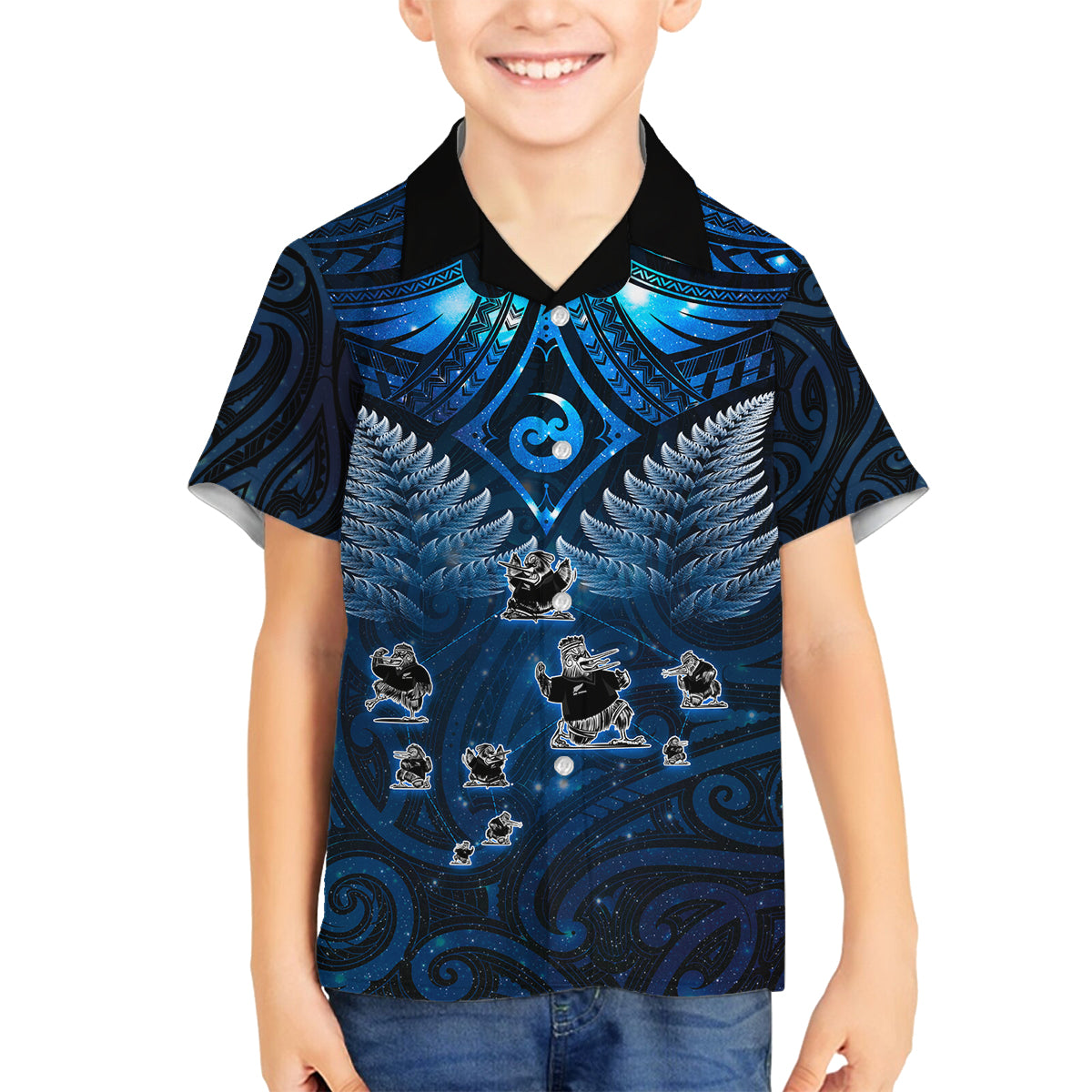 New Zealand Matariki Family Matching Puletasi and Hawaiian Shirt Maori Pattern and Kiwi Bird Haka Dance Sky Night LT03 Son's Shirt Blue - Polynesian Pride