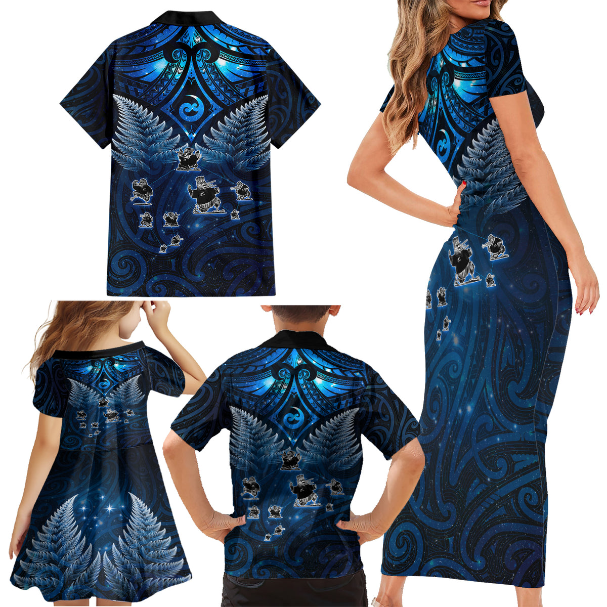 New Zealand Matariki Family Matching Short Sleeve Bodycon Dress and Hawaiian Shirt Maori Pattern and Kiwi Bird Haka Dance Sky Night LT03 - Polynesian Pride
