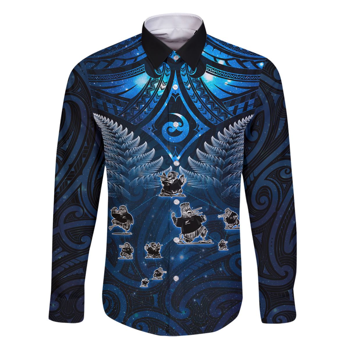 New Zealand Matariki Family Matching Short Sleeve Bodycon Dress and Hawaiian Shirt Maori Pattern and Kiwi Bird Haka Dance Sky Night LT03 Dad's Shirt - Long Sleeve Blue - Polynesian Pride