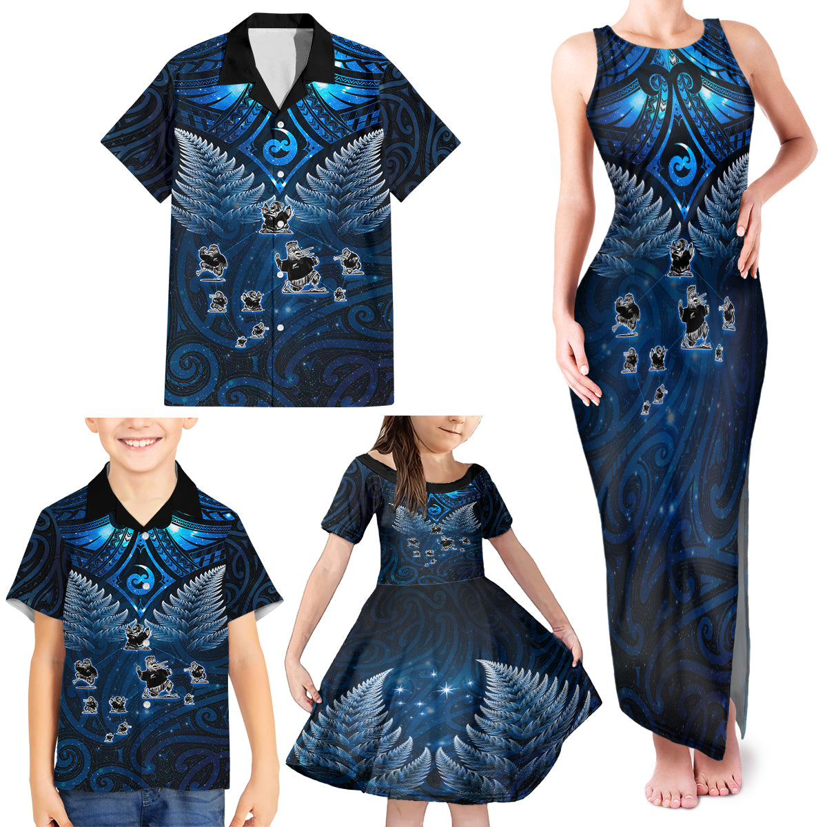 New Zealand Matariki Family Matching Tank Maxi Dress and Hawaiian Shirt Maori Pattern and Kiwi Bird Haka Dance Sky Night LT03 - Polynesian Pride