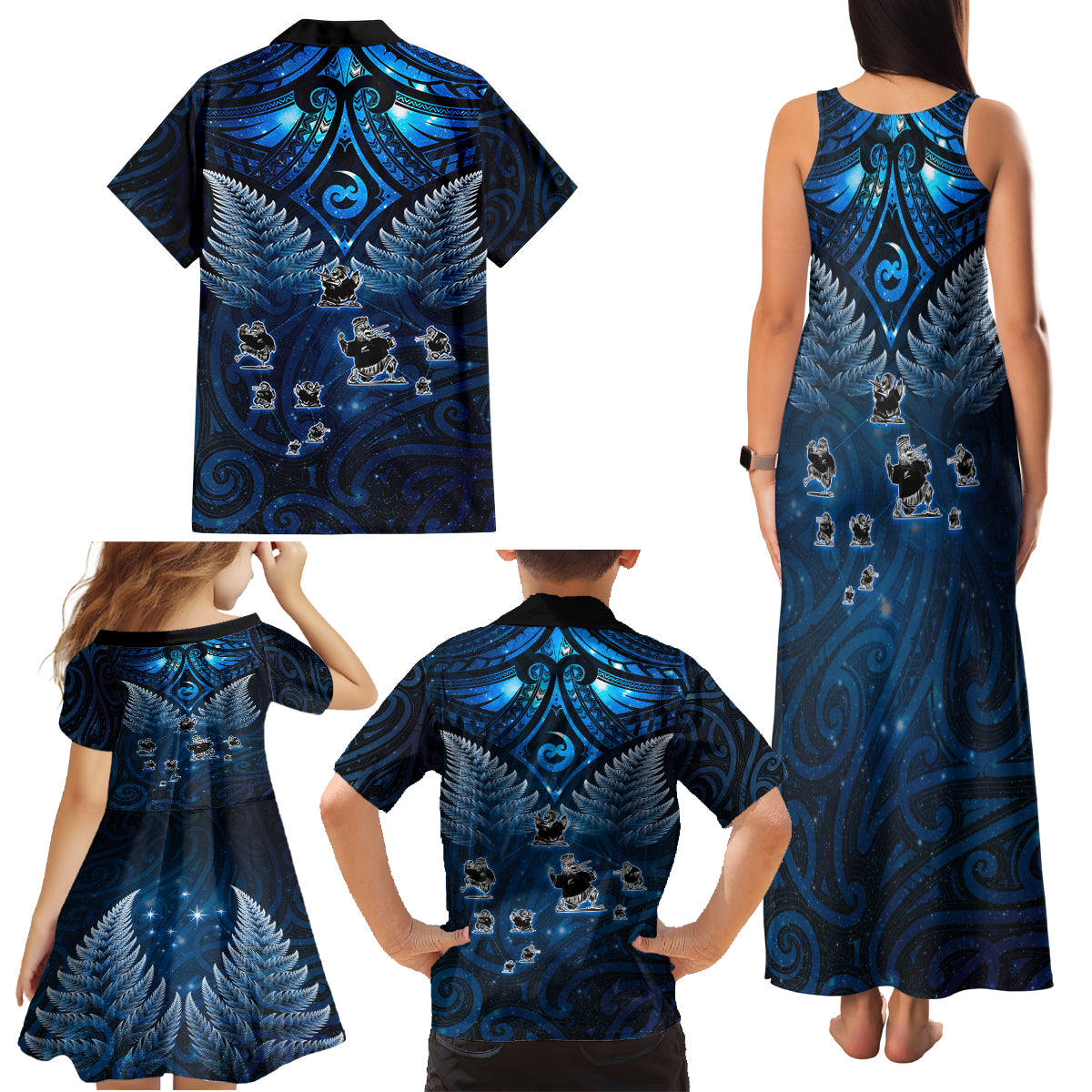 New Zealand Matariki Family Matching Tank Maxi Dress and Hawaiian Shirt Maori Pattern and Kiwi Bird Haka Dance Sky Night LT03 - Polynesian Pride