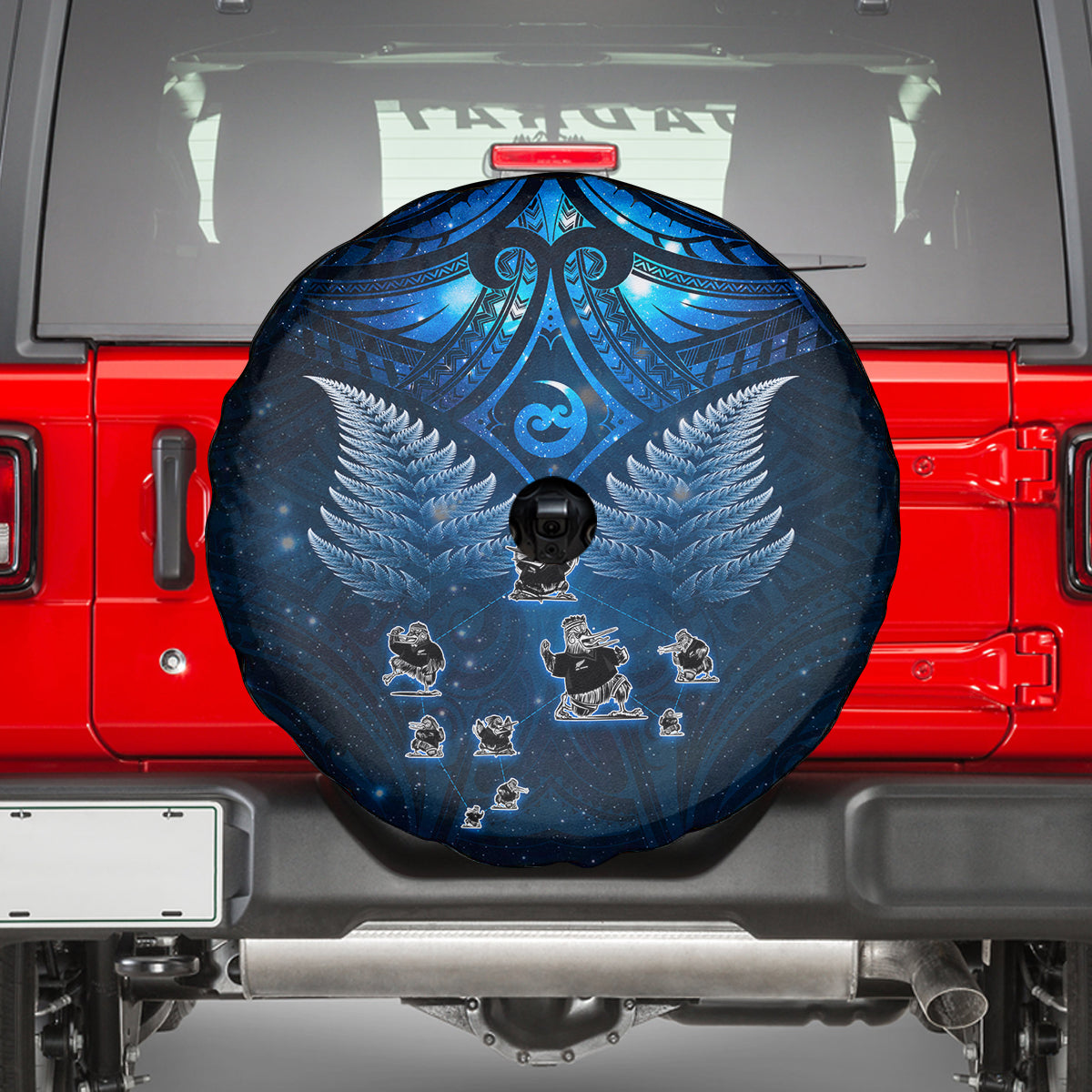 New Zealand Matariki Spare Tire Cover Maori Pattern and Kiwi Bird Haka Dance Sky Night