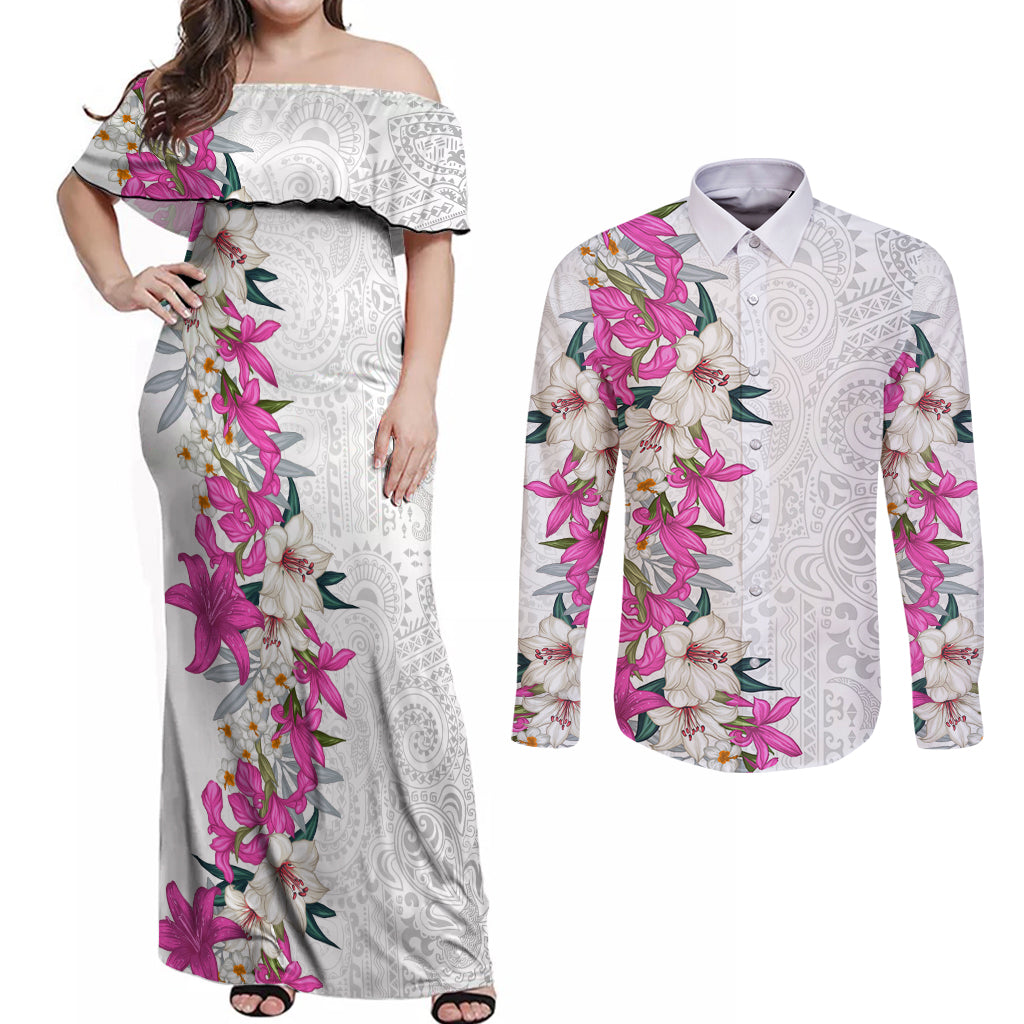Hawaii Tropical Leaves and Flowers Couples Matching Off Shoulder Maxi Dress and Long Sleeve Button Shirt Tribal Polynesian Pattern White Style