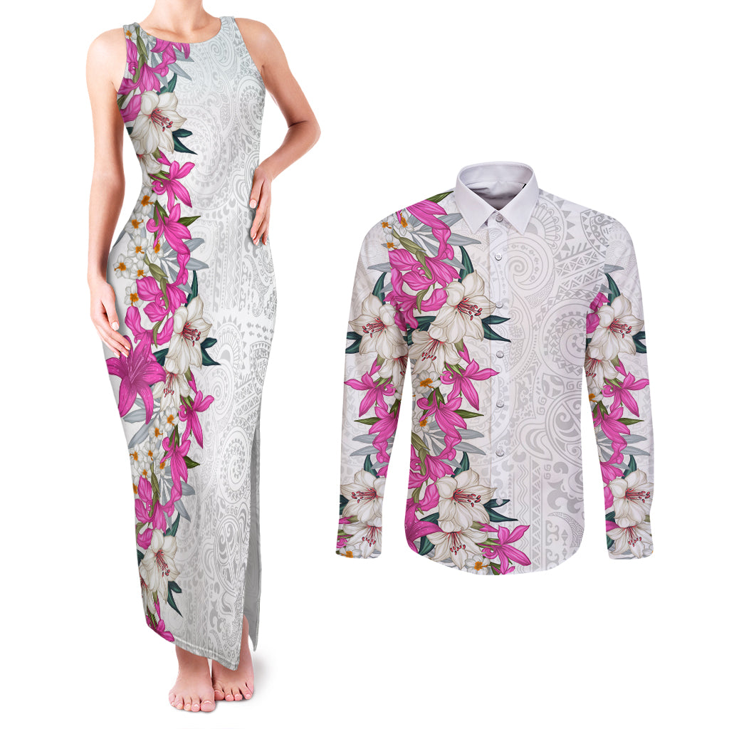 Hawaii Tropical Leaves and Flowers Couples Matching Tank Maxi Dress and Long Sleeve Button Shirt Tribal Polynesian Pattern White Style