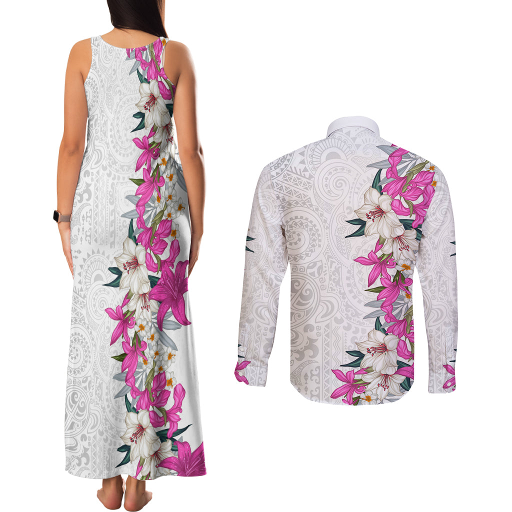 Hawaii Tropical Leaves and Flowers Couples Matching Tank Maxi Dress and Long Sleeve Button Shirt Tribal Polynesian Pattern White Style