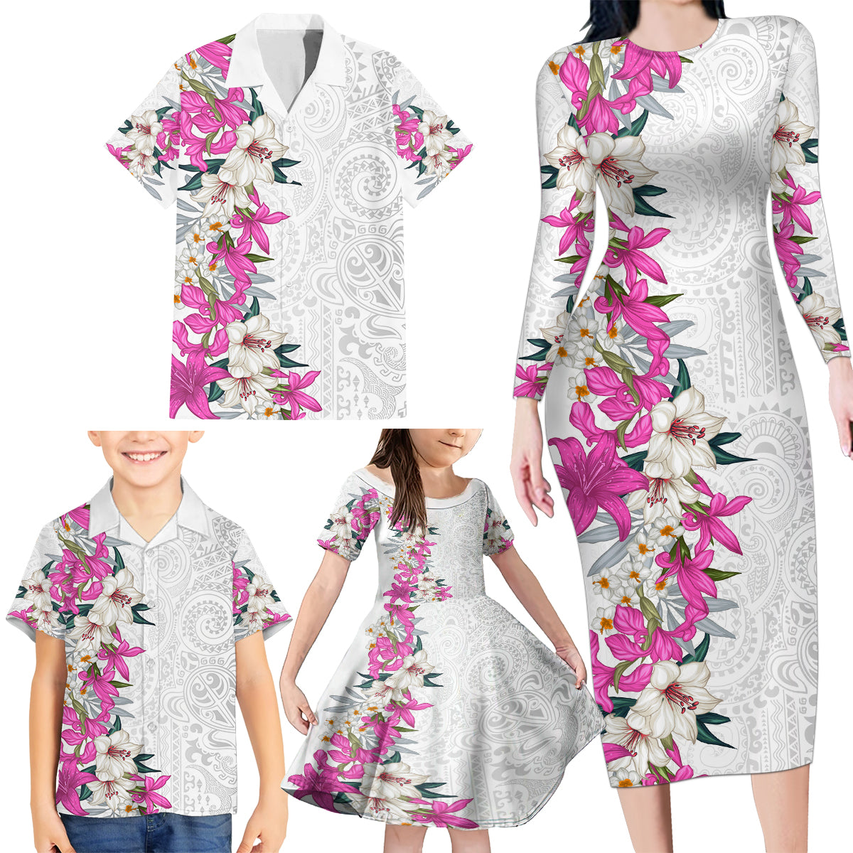 Hawaii Tropical Leaves and Flowers Family Matching Long Sleeve Bodycon Dress and Hawaiian Shirt Tribal Polynesian Pattern White Style LT03 - Polynesian Pride