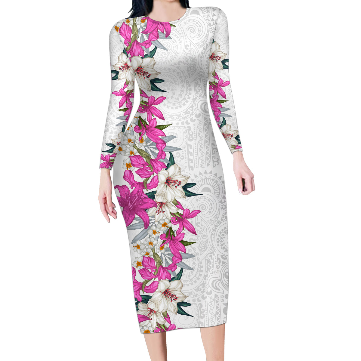 Hawaii Tropical Leaves and Flowers Family Matching Long Sleeve Bodycon Dress and Hawaiian Shirt Tribal Polynesian Pattern White Style LT03 Mom's Dress White - Polynesian Pride