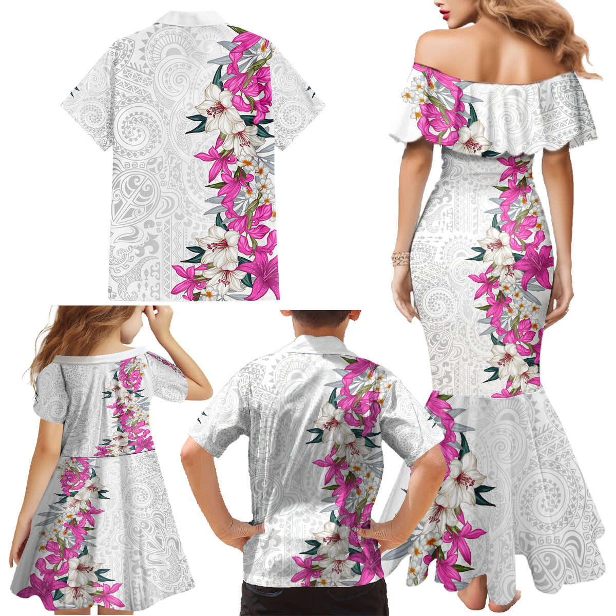 Hawaii Tropical Leaves and Flowers Family Matching Mermaid Dress and Hawaiian Shirt Tribal Polynesian Pattern White Style LT03 - Polynesian Pride