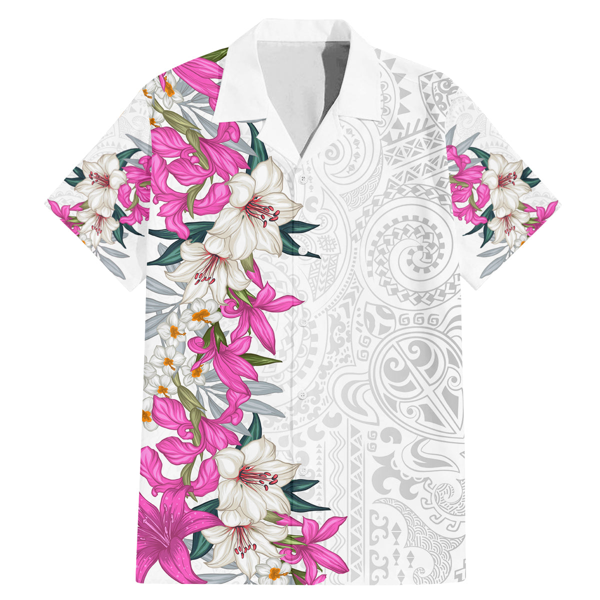 Hawaii Tropical Leaves and Flowers Family Matching Mermaid Dress and Hawaiian Shirt Tribal Polynesian Pattern White Style LT03 Dad's Shirt - Short Sleeve White - Polynesian Pride