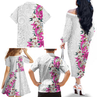 Hawaii Tropical Leaves and Flowers Family Matching Off The Shoulder Long Sleeve Dress and Hawaiian Shirt Tribal Polynesian Pattern White Style LT03 - Polynesian Pride