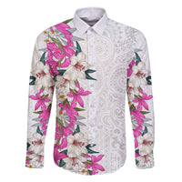 Hawaii Tropical Leaves and Flowers Family Matching Off Shoulder Maxi Dress and Hawaiian Shirt Tribal Polynesian Pattern White Style LT03 Dad's Shirt - Long Sleeve White - Polynesian Pride