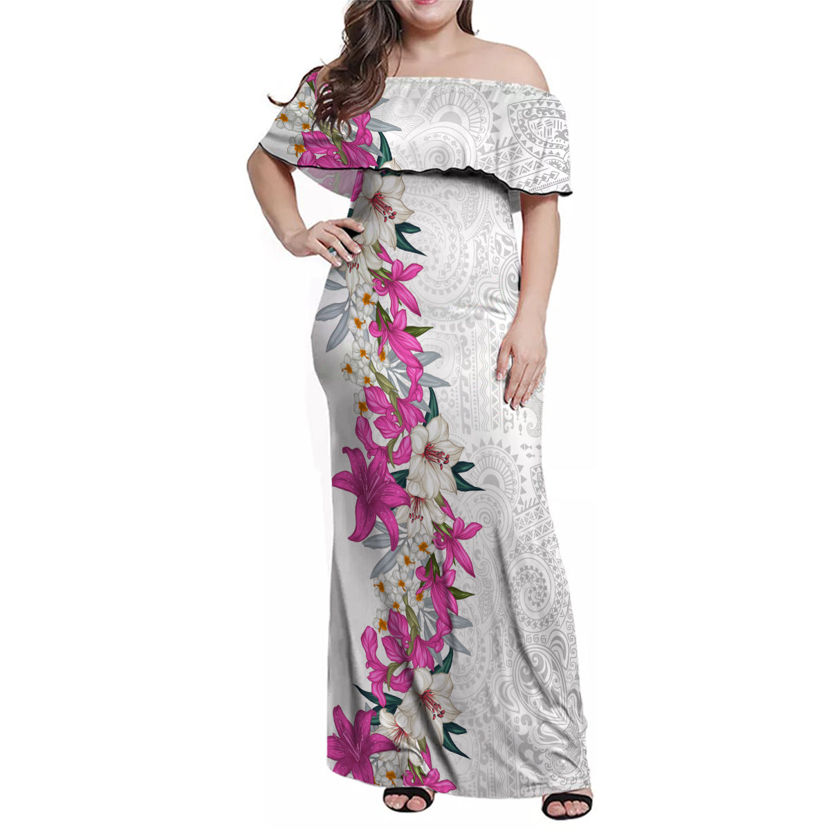 Hawaii Tropical Leaves and Flowers Family Matching Off Shoulder Maxi Dress and Hawaiian Shirt Tribal Polynesian Pattern White Style LT03 Mom's Dress White - Polynesian Pride