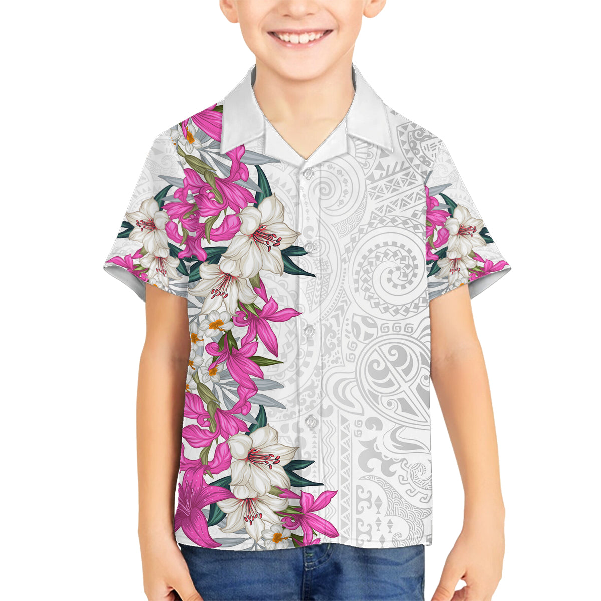 Hawaii Tropical Leaves and Flowers Family Matching Off Shoulder Maxi Dress and Hawaiian Shirt Tribal Polynesian Pattern White Style LT03 Son's Shirt White - Polynesian Pride