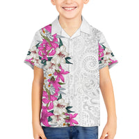 Hawaii Tropical Leaves and Flowers Family Matching Off Shoulder Maxi Dress and Hawaiian Shirt Tribal Polynesian Pattern White Style LT03 Son's Shirt White - Polynesian Pride